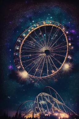 night, downtown, party centre, glowing Ferris wheel, starry sky in starshine