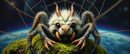 the magical face of a fluffy dragon spider yoga with charm in web from mossy tower, master oil painting by Rembrandt and Escher, moss covered space station, brightened edges to give a sense of depth