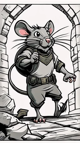Shield Bash: "A cartoon rat with a tiny shield, pushing back an enemy, exaggerated motion, whimsical dungeon setting, fantasy illustration, vibrant and playful style."