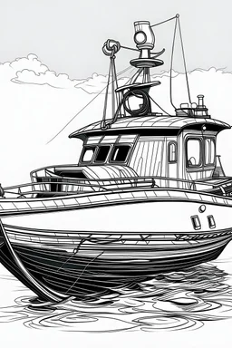 Outline art, no shading, boat vehicle full body, cartoon style, black and white, low detail, --ar 9:11