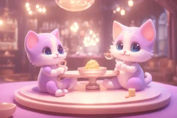 cute chibi kittens drinking champagne in a beautiful dessert shop in purple in lamplight Weight:1 3D Game Cinematic Feel, Epic 3D Videogame Graphics, Intricately Detailed, 8K Resolution, Dynamic Lighting, Unreal Engine 5, CryEngine, Trending on ArtStation, HDR, 3D Masterpiece, Unity Render, Perfect Composition Weight:0.9