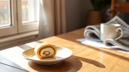 A single delicates roll cake filled citrone creme on a small pale ceramic plate, on a wooden table. A steaming mug (possibly coffee or tea) and a folded newspaper are also on the table. Natural, warm sunlight streams in from a window on the left, casting pleasant shadows and creating a cozy, relaxed morning atmosphere