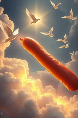 den heliga "bången" (gigantic big long glowing meat sausage pointing out from jesus body) i himlen, guds röst ekar, flygande duvor sjunger, keruber dansar