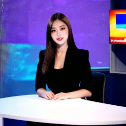 amodern tv studio a beautiful girl perfect face sitting next to desk in talk show looking at camera