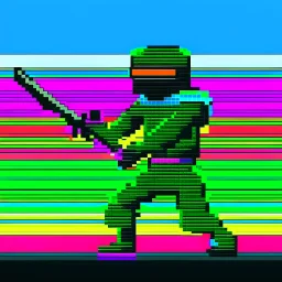 a pixel art-style, simple 64-bit Ninja with a rainbow outfit, retro gaming shinobi graphic style