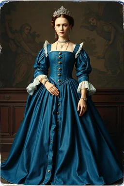 a barock lady in a gorgeous court dress made of blue denim, 16 century, polaroid