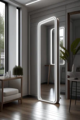 Bedroom with Vertically rohmbus shaped standing mirror with white led lights around it.