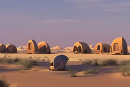 alien buildings, in the desert, surrounded by acacia trees, dunes, pathways, lake, roads, mountains, blue sky