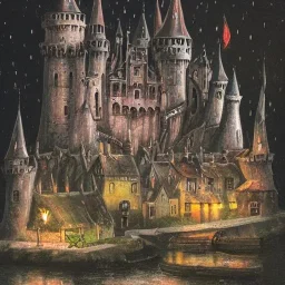 A magical dark gothic canal little town with a castle and huge caravan houses Nick Harris style