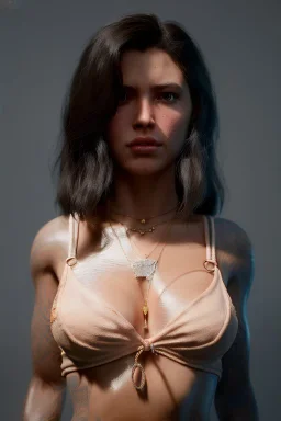 Ultra Realistic image, 25 years old brunette woman, Madrid, portrait, small stature, too small chest, yakuza body tattoo, vibrant color, highly detailed, art stations, concept art, smooth, unreal engine 5, god rays, ray tracing, RTX, lumen lighting, ultra detail, volumetric lighting.