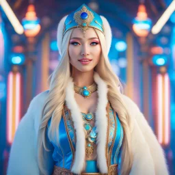 (masterpiece, best quality, 8k, RAW photo, beautiful and aesthetic:1.2), complex detail, Indirect light, photorealistic, (((full body))), 2 Gorgeous Cosmic russian asian goddess smiling, long curved blonde hair, blue eyes, Mixed, sci-fi and traditional russian outfit with white furs and chapka, colorfull Sci-Fi environment