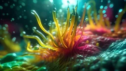 Abstract cluster of pulsating alien flora and gelatinous tentacles, symbiotic growth patterns, wet textures, glistening surfaces, soft focus background, vivid saturation, macro cinematic shot.