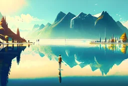 Sunny day, distant modern city, lake, lake reflections, people, mountains