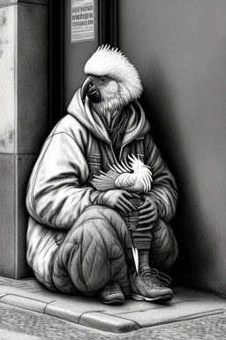 One single mature homeless cockatoo with worn out clothes, sleeping in a corner on the street, Vienna, mourning, model style, hyper realistic, extremely accurate, delicate, extremely detailed, Graphic novel style, wide-angle, open aperture, superfine pencil