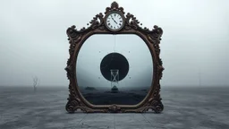 A monumental baroque mirror standing in empty gray desert landscape Cold gray reality outside the mirror, subtle fog. antique clock above the frame showing exactly 12:00 midnigt. Inside the mirror lies the Realm of Midnight: a colossal black eclipse above an endless cosmic abyss, melting stars, brocken hourglass inside the mystic mirror, and big abyss of universum, the mirror one gate into the physical dimension. Dark surreal vibe,