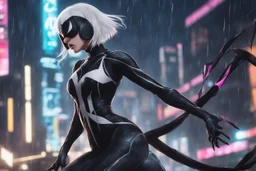 Venom in 8k nier automata anime drawing style, spider-gwen them, cinematic mood, neon effect, close picture, rain, highly detailed, high details, detailed portrait, masterpiece,ultra detailed, ultra quality