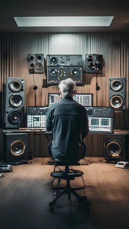 Man met grijs haar in home recording studio schuin van de zijkant vanachter bekeken voor grote monitors met Ableton arrangement muur vol grote speakers