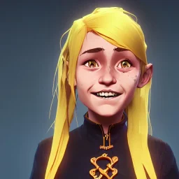 Portrait of a smiling 10 year old witch girl with blonde bangs on her forehead