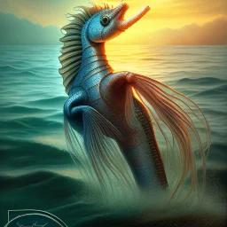 sea horse, book cover, fantasy art, sandy beach, water, reflection, misty, detailed