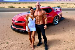 make a pic with short hair and little bald bodybuilder Knut Spildrejorde from Norway and his fitness wife Jeanette, they are standing front of his new red car Chevrolet Camaro, very busy highway in sunny desert Texas in the background