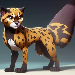 An electric type, Cheetah inspired cat-like pokemon, with big width eyes. long whiskers shaped like Lightning bolts. Yellow and white fur coverd with blotchy black spots.