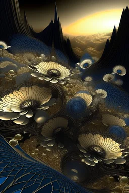 cosmos, scale, phantasmagoria, golden city in space, white, beige, black, blue transparent flowers with gold edging in front, sunset, cascade, fractal, glitter, clear detailed drawing, grotesque, engraving, optical illusion, illustration, surrealism, realistic, beautiful, lumen, professional photo,beautiful,3d, realistic,64k, high resolution, high detail, digital painter1/500