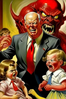 President Dwight D. Eisenhower painted as an angry wife beating child hater Bad Temper red faced monster