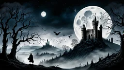 detailed graphic art, ruined gothic castle standing on a hill on the right side of the composition, full moon in the night sky, a few raven silhouettes flying near the moon, thick mist surrounding the hill, dark forest on the left side with twisted bare trees, a solitary black hooded figure standing at the forest edge looking toward the castle, mysterious atmosphere, ancient forgotten ruins, dark fantasy aesthetic, detailed linework
