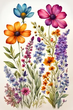 4 wildflower vibrant multi colors classic hand drawn botanical style on white paper texture