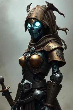 Female Warforged robotic pirate, with round glowing eyes, cloak, wearing copper armor, medieval style, dungeons and dragons, full body