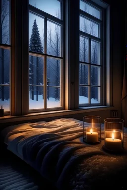 Cozy modern bedroom, glass window, snowy night , candles