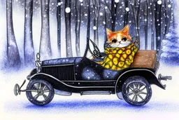 Cute little happy cat scarecrow riding a luxury car, forest path background, winter, snowflakes swirling, waterfall, reflection, mist, sunrise, smooth intricate photorealistic hyperrealistic high definition beautiful lighting pencil sketch watercolor dramatic lighting storybook illustration polished Deep shadows deep color warm light shiny glitters