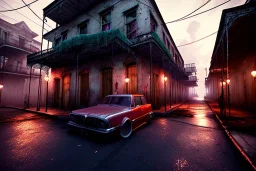 , New orleans , 9th ward , projects, slums night time , unity, scriptable render pipeline , red tone, volumetric lighting.