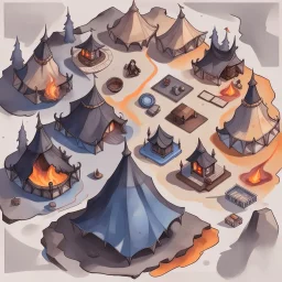 dnd, fantasy, top-down map, map of a very large camp, demonic wastes, dark, black sand, tents, illustration, watercolour