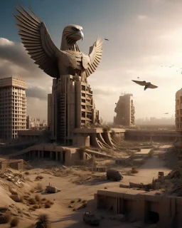 view of a futuristic the permanent in a post atomic catastrophic way, with lots of buildings in ruins, but still with the the status of phoenix" statue in Egypt intact