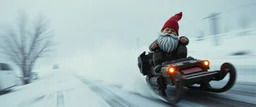 close up on gnome hit man with rocket boots in suit on a mech sled doing jumping stunt in winter wasteland, style of fallout 4, high speed with motion blur, on elevated road