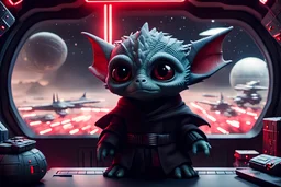 fluffy big eyed baby dragon sith lord in the command centre in second death star with view to a star wars planet, and christmas tree and sith gifts sith spacer ships, cinematic eye view