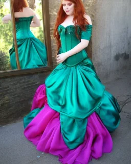 Magic princess with long auburn hair in a big teal green and gold satin ballgown corset off shoulder top casting magic