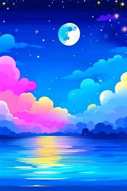 sky colored purple blue and pink and white , ocean , white moon , yellow stars