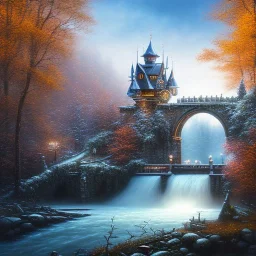 giants throwing stones, spray painted fantasy art, book cover ,the stairs of a high bridge or dam in magical forest,autumn icy water, statue in water