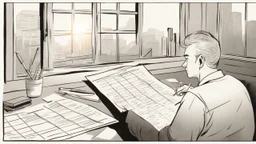 The image depicts an individual seated at their desk, meticulously crafting an organized daily schedule on a large sheet of paper in front of them. The image showcases attention to detail, as the person uses a pen to delineate different times and tasks on the schedule. The sun is seen rising behind a window, signifying the beginning of a new day full of possibilities. This image emphasizes the importance of good planning and creating an effective daily schedule to achieve success and enhance pro