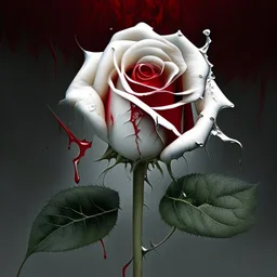 A white rose bleeding red blood from its stem