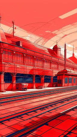 An orangish red industrial train station in Rayonism art style