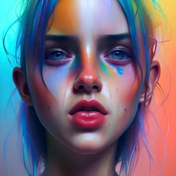 a woman's face with a multicolored background, a hyperrealistic painting by Sam Spratt, cgsociety, generative art, detailed painting, glitch art, chromatic
