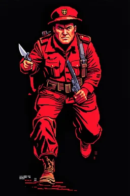 russian soldier(uniform and face based on racist steriotypes) running towards viewer, a knife i one hand, and a gun(barrel pointing at viewer) in the other. blocky retro 1960's jack kirby style poster in monochrome with white background