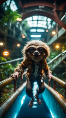 fish-eye photo of furry hairy pimp rocker alien gremlin sloth woman on bridge over water slide magically levitating in dark lit reflective wet jungle hall hotel tunnel, in the style of fallout 4 game,bokeh like f/0.8, tilt-shift lens 8k, high detail, smooth render, down-light, unreal engine, prize winning