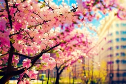 city, flowers, trees, sunny day, spring