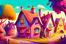 Village illustration, realistic, detailed, illustrative, childrenbook style, village of a pink, purple, red, orange, yellow, green and blue house