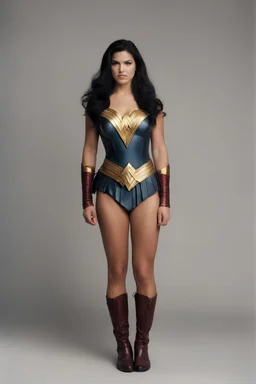 full body image, 1980's yearbook photo, teenage girl, Gina Carano as Wonder Woman, 18 years old, black hair, 80's hairstyle, photorealistic, --ar 9:16 --style raw,