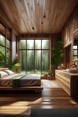 Generate a big master bedroom with a bathroom. Made out of wood, vegetation, big windows and space.